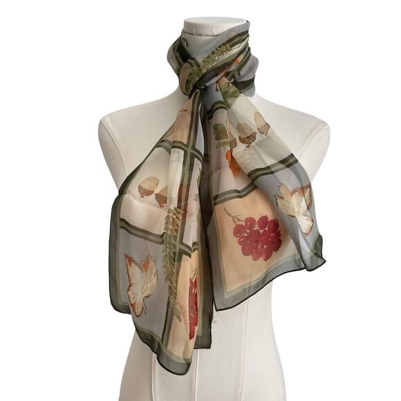 Vintage Floral Fruit Scarf Wrap Chiffon Nature Outdoors Retro Rectangular 11x60 - Picture 3 of 5